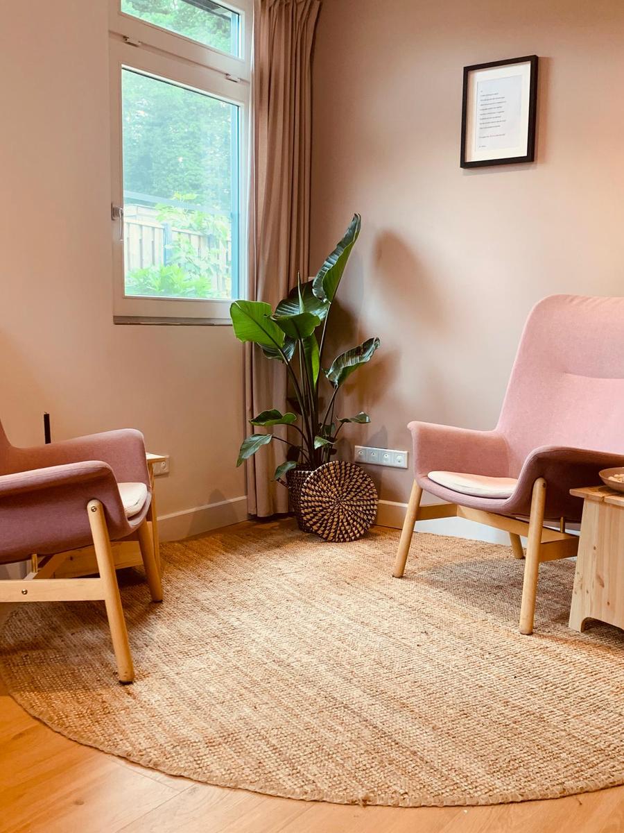Twee roze stoelen tegenover elkaar in de praktijkruimte van Met Zonder Woorden