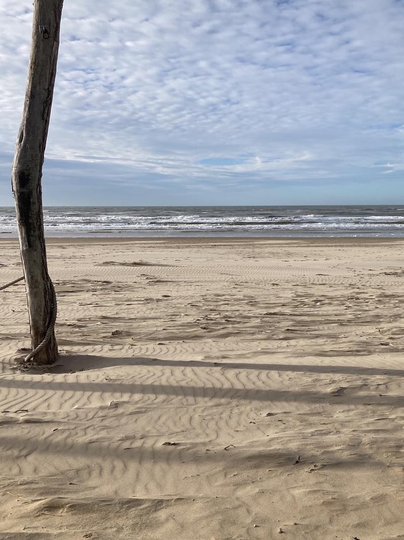 Verlaten strand met een paal en touw op een bewolkte dag